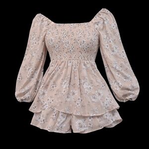 Floral Smocked Off-Shoulder Romper - Tan